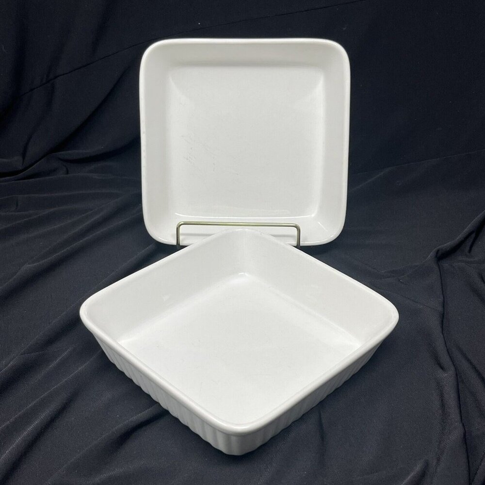 Oven Proof Japan Square‎ Ribbed Baking Dish Ramekin White 6" Sq  EXC - Set of 2
